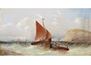 Shipping Off The Coast, A Cliff And Lighthouse Beyond, Possibly Beachy Head by Thomas Sewell Robins