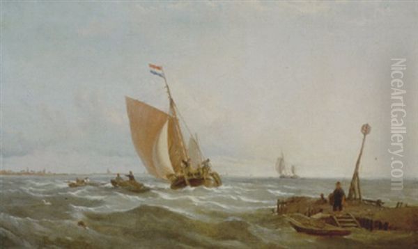 A Dutch Fishing Boat Returning To Harbour With Fisherfolk In The Foreground Unloading The Catch - view 1