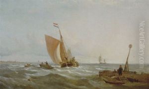 A Dutch Fishing Boat Returning To Harbour With Fisherfolk In The Foreground Unloading The Catch