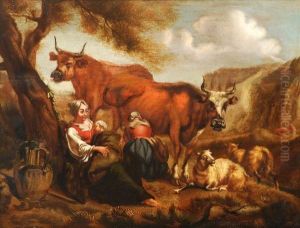 Milkmaidswith A Sleeping Child,
Cows And Sheep In A Mountainouslandscape by Abraham Borm