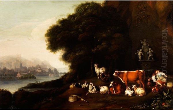 Landschaft Mit Kuhen, Schafen Und Ziegen Sowie Einer Hirtin, Die Von Einem Edelmann Verfuhrt Wird - view 1