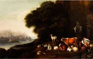 Landschaft Mit Kuhen, Schafen Und Ziegen Sowie Einer Hirtin, Die Von Einem Edelmann Verfuhrt Wird by Abraham Borm