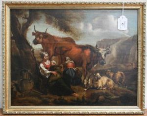Pastoral Landscape With Mother And Child Near Sheep
