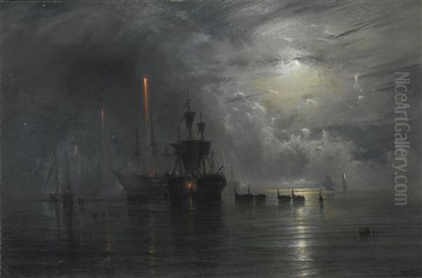 "the Wasp" And "the Serapis" In Boston Harbor At Night - view 1