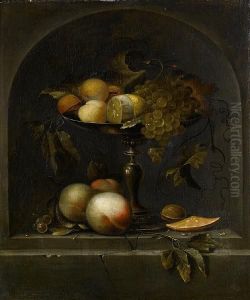 Peaches, Grapes And A Lemon In A Silver Gilttazza With Peaches, Walnuts And An Orange In A Stone Niche by Johannes Borman