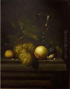 A Still Life With Walnuts, A Peach, Prunes, Grapes And A Glass All On A Wooden Table
