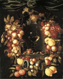 A Roemer With Walnuts And Almonds In A Niche Surrounded By Agarland Of Lemons, Peaches, Apricots, Oranges by Johannes Borman