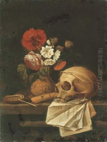 A Vanitas Still Life With A Skull, Flowers In A Terracotta Vase, An Haliotis, A Flute And Pages From The Anonymous Le Miroir Des Plus Belles Courtisannes De Ce Temps On A Stone Ledge - view 1