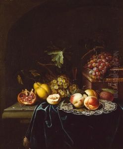 Peaches On A Salver With A Pomegranate, Grapes, A Pear And A Wine Glass, With A Casket And Grapes On A Draped Ledge by Johannes Borman