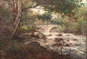 Wooded Scene With Stream And Bridge
