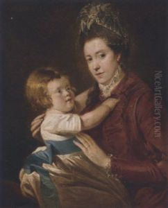 Double Portrait Of Mrs. Moutray Of Favour Royal, Co. Tyrone, The Former In A Red Dress With A Child by Thomas Robinson