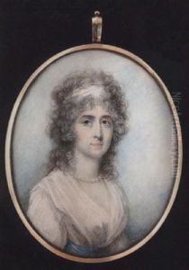 The Hon. Letitia Morres Wearing White Bandeau In Her Loose Powdered Hair, White Dress With Blue Ribbon Waistband And Pearl Necklace