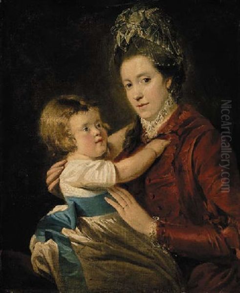 Portrait Of Mrs. Moutray Of Favour Royal, Co.tyrone, With A Child Seated, The Former In A Red Dress - view 1