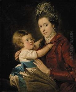 Portrait Of Mrs. Moutray Of Favour Royal, Co.tyrone, With A Child Seated, The Former In A Red Dress by Thomas Robinson