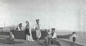 Fisherfolk And Traditional Dancers Beside The Bay Of Naples by Giovanni (Count) Rocca