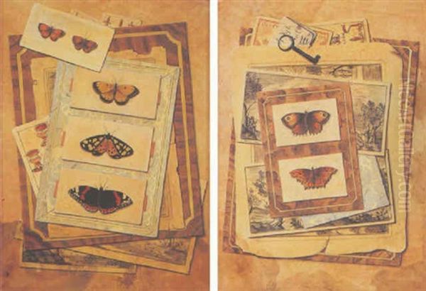 Trompe L'oeil Of Landscape Drawing And Butterflies - view 1