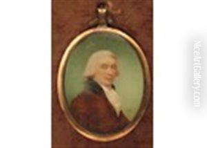 Portrait Miniature Of A Gentleman, Head And Shoulders In A Brown Coat And White Ruff by Sampson Towgood Roch