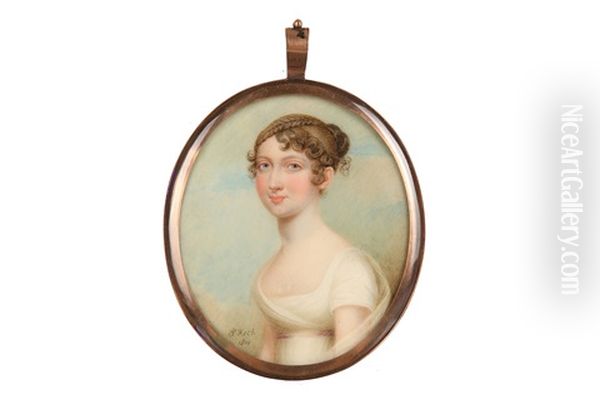 Portrait Miniature Of A Young Lady In White Dress With Pink Ribbon Sash - view 1
