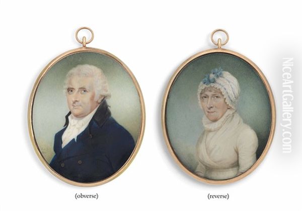 A Double-sided Portrait Miniature Of A Gentleman, In Blue Coat; On The Other Side A Lady, In White Dress, White Mob Cap Decorated With Blue Ribbons - view 1