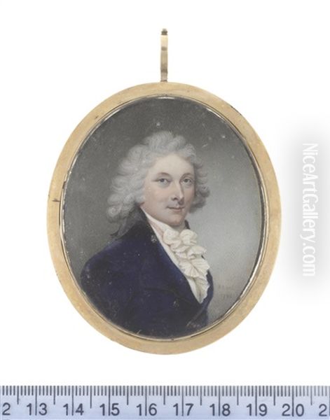 A Gentleman, Wearing Double-breasted Blue Coat With Black Collar, Pale Pink Solitaire, White Waistcoat, Frilled Chemise, Stock And Cravat, His Wig Powdered And Tied With A Black Ribbon Bow - view 1
