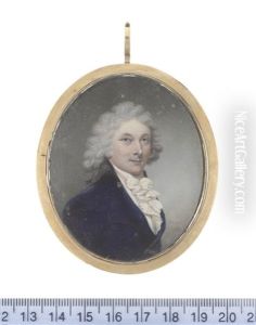 A Gentleman, Wearing Double-breasted Blue Coat With Black Collar, Pale Pink Solitaire, White Waistcoat, Frilled Chemise, Stock And Cravat, His Wig Powdered And Tied With A Black Ribbon Bow by Sampson Towgood Roch