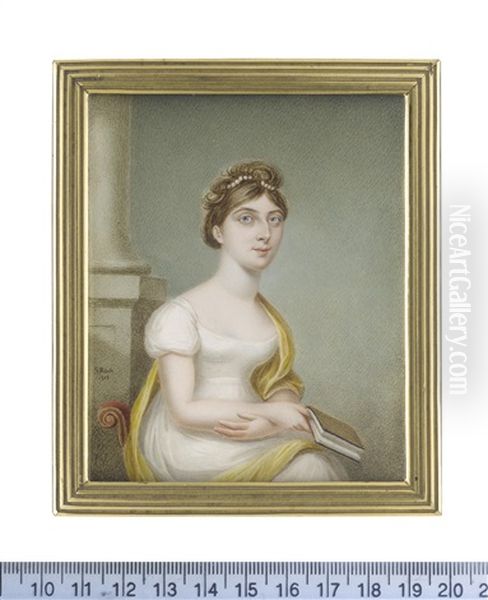 A Lady, Seated On A Red Upholstered Chair, Wearing White Decollete Dress With Capped Sleeves, A Canary Yellow Stole Draped About Her, Her Hair Upswept And Dressed With Pearls - view 1
