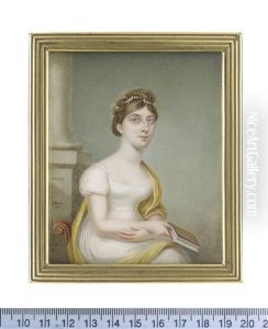 A Lady, Seated On A Red Upholstered Chair, Wearing White Decollete Dress With Capped Sleeves, A Canary Yellow Stole Draped About Her, Her Hair Upswept And Dressed With Pearls by Sampson Towgood Roch