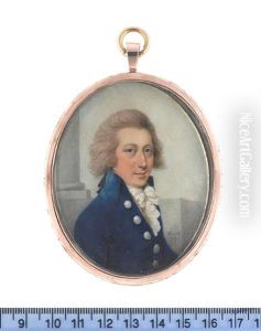 A Gentleman, Wearing Blue Coat, Yellow Waistcoat, White Stock, Cravat And Frilled Chemise, His Powdered Wig Tied With A Black Ribbon Bow by Sampson Towgood Roch