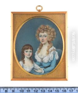 A Mother And Daughter, The Former Seated And Wearing, Blue Dress, Black Belt With Gem Set Buckle, White Fichu Dressed With Pearls