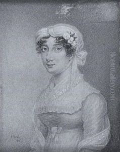 A Lady Wearing Pale Blue Dress With White Lace Fichu, Ribbon Waistband And Shawl, White Headdress And Flowers In Her Hair