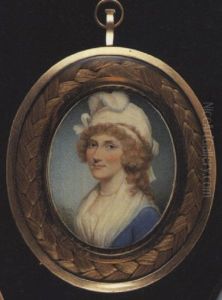 A Lady Wearing White Bandeau, Turban And Plume In Her Powdered Hair, Blue Dress With White Fichu And Pearl Necklace