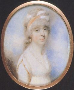 Mrs. Butler, In White Dress With Frilled Neckline, The Sleeve Edged With Gold, Drop Pearl Earrings, A Pale Brown And White Bandeau In Her Powdered Hair