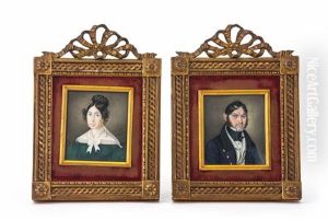 Herr In Blauem Mantel, Dame Mit Geflochtenem Haarkranz In Grunem Kleid (2 Works)