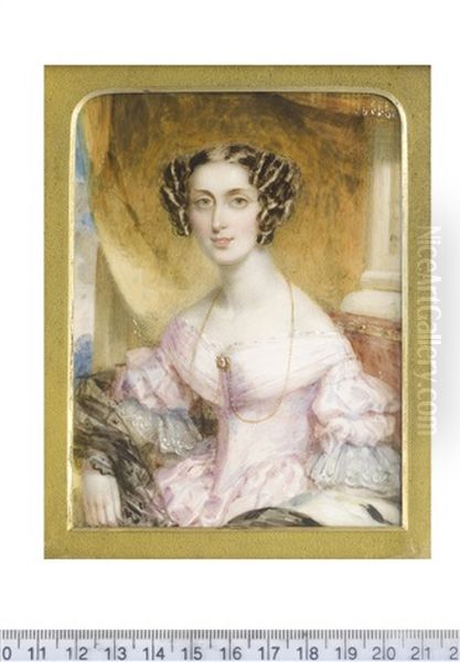 A Lady, Seated On A Red Upholstered Chair Before A Classical Column, Wearing Rose Pink Dress With White Lace Cuffs And Trim To Her Decollete, A Fine Gold Chain Held At Her Corsage With A Brooch - view 1
