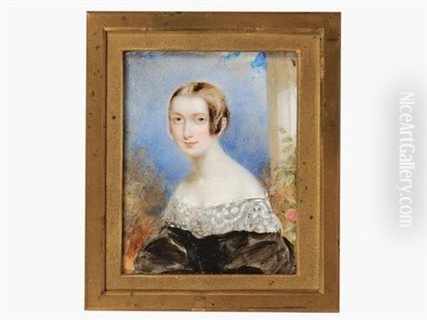 Portrait De Mademoiselle Julie Loiseau, En Buste Vers La Gauche, Portant Une Robe De Velours Noir Bordee De Dentelle. Fond De Ciel Bleu Nuageux Et Embrasure Fleurie - view 1