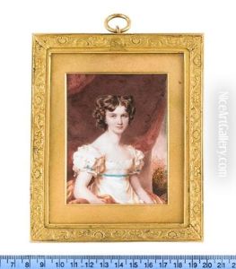 A Young Lady, Called Miss Mary C. Gerrard, Aged 16, Seated Before Red Drapery And Wearing Cream Dress With Lace Trim And Turquoise Blue Ribbon At Her Waist, Bouffant Sleeves