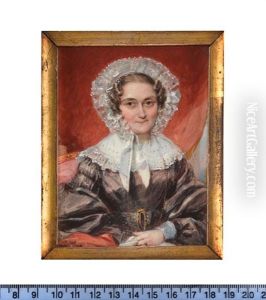 A Lady, Seated, Wearing Black Dress With Puff Sleeves, Matching Buckled Belt, White Collar And Cuffs, Frilled Bonnet Framing Her Face