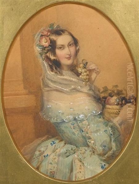 A Lady, Wearing Flowered Green Dress With Full Sleeves And White Lace Bertha, Her Brown Hair Dressed With Red Flowers And Green Leaves, A Striped White Veil Covering The Back Of Her Head - view 1