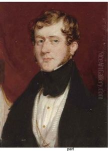 A Gentleman In Black Coat And Stock, Striped White Waistcoat With Crimson Drapery