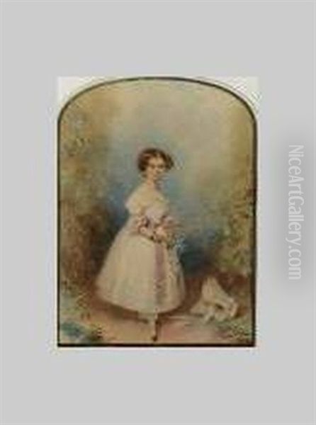 A Young Girl Standing In A Glade, With Auburn Curls, Wearing White Dress With Pink Bow Waistband And Trim, Black Lace Gloves, Holding A Posy Of Flowers, Her Straw Bonnet At Her Feet - view 1