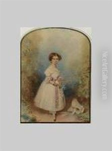 A Young Girl Standing In A Glade, With Auburn Curls, Wearing White Dress With Pink Bow Waistband And Trim, Black Lace Gloves, Holding A Posy Of Flowers, Her Straw Bonnet At Her Feet