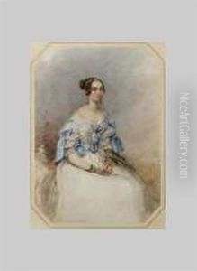 A Young Lady, Seated, Wearing White Dress With Blue Ribbons And Belt, A Lorgnette In Her Hands, Black Lace Gloves, Gold Drop Earrings And Hairband, Foliage In The Background