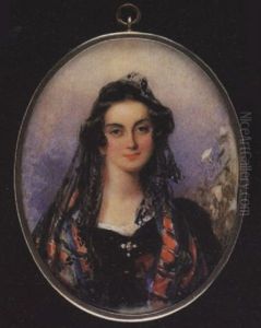 A Lady Wearing Decollete Black Dress, White Lace Underslip, Black Lace Veil And Multicoloured Shawl, A Brooch At Her Corsage