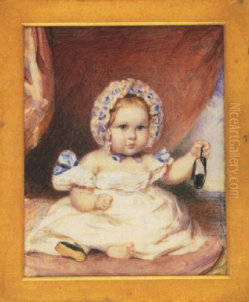 A Baby, Wearing Low Cut White Dress With Blue Ribbon Bows At Its Shoulders, Matching Bonnet And One Black Shoe, The Other In Its Hand - view 1