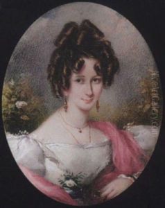 A Young Lady Wearing Decollete White Dress With Lace Trim And Flower In Her Waistband, Cerise Shawl, Drop Earrings And Gold Necklace...