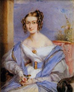Portrait Of A Lady, Seated Holding A Pink Rose, In White Dress With Lace Edging, A Trimmed Blue Shawl Over Her Shoulders