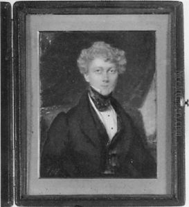 A Gentleman, Seated, In Black Coat, Brown Waistcoat With Watch Chain, White Shirt, Brown Cravat, Curtain Background