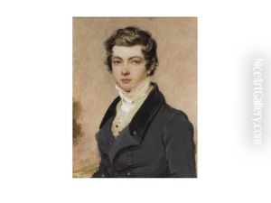 A Gentleman, Wearing Blue Double-breasted Coat With Black Collar, White Frilled Chemise, Yellow Waistcoat And Stock