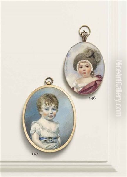 A Child, In White Chemise, Pink Stole And A Fur Cap Adorned With Black Ostrich Feathers; Sky Background - view 1