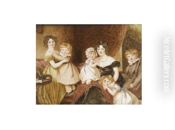 A Lady, Wearing Black Decollete Dress And Seated With Her Three Daughters And Two Sons In An Interior: The Eldest Daughter, Wearing Gold Dress And Black Sash To Her Waist; Her Younger Daughters - view 1